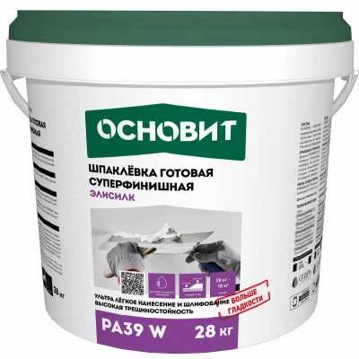 ЭЛИСИЛК PA39 W (28 кг) шпаклевка готовая суперфинишная супербелая. Толщина слоя 0-2 мм ОСНОВИТ